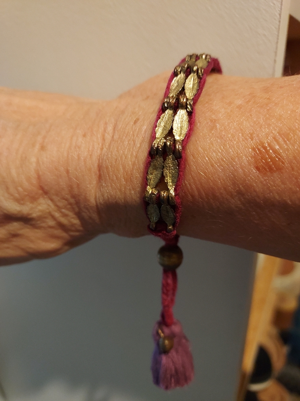 Johnny Was Handmade Burgundy and Gold Leaf Braided Tassel Bracelet